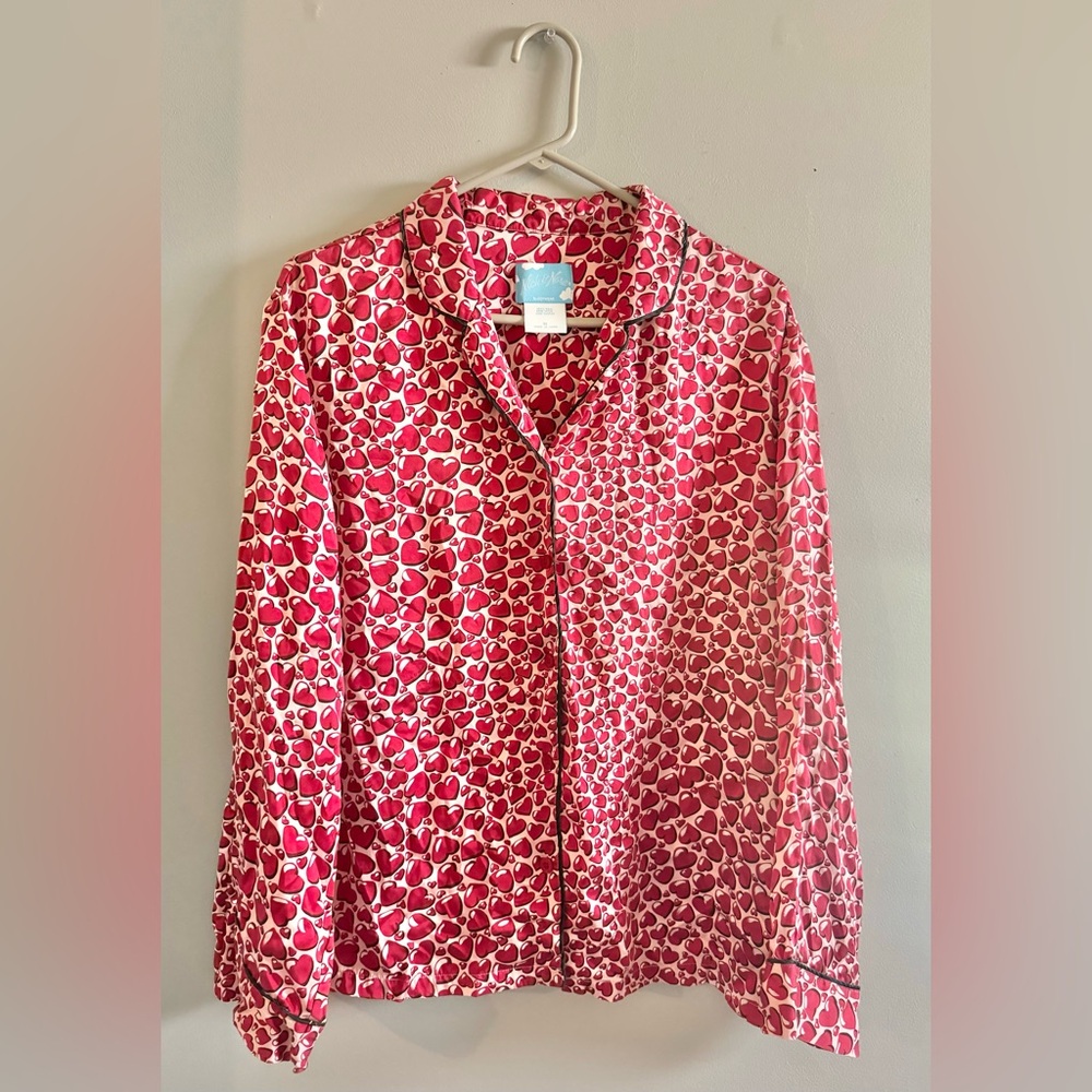 Nick And Nora 100% Silk Pajama Shirt Long Sleeve Sleepshirt XL Hearts All Overl
